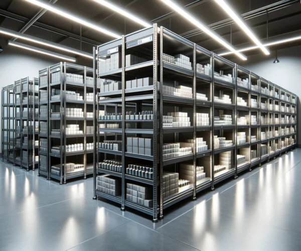DALL·E 2024-02-28 00.48.23 - Create a high-resolution image of a modern, clean storage room with metal shelving units designed for product display. The shelves should be equipped