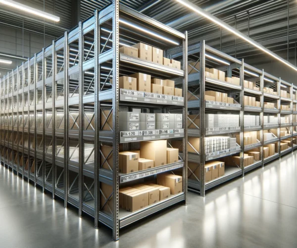 DALL·E 2024-02-28 00.48.31 - Create a high-resolution image of a modern, clean storage room with metal shelving units designed for product display. The shelves should be equipped